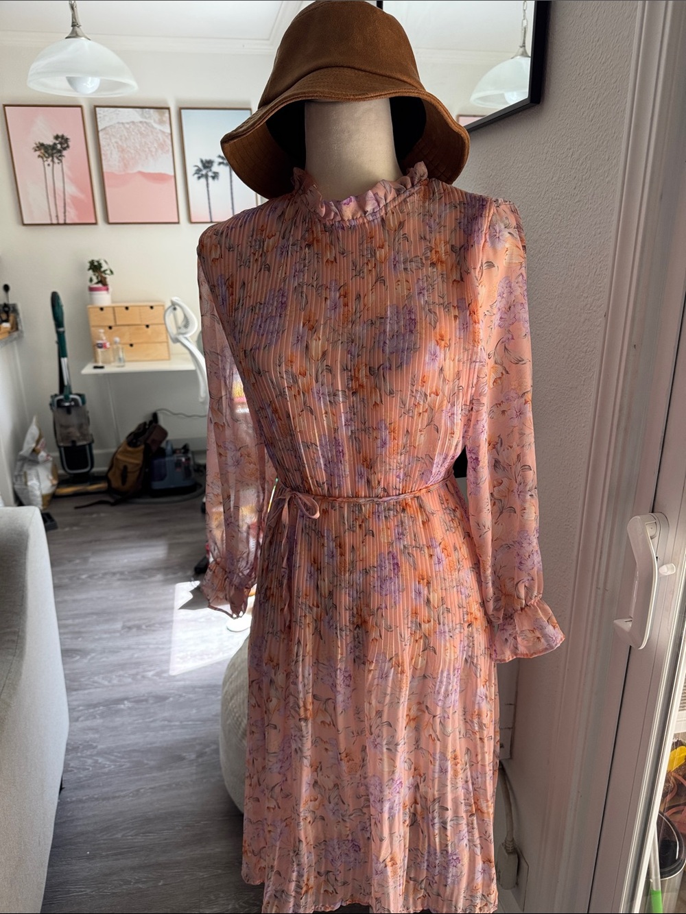 Korean Peach Floral Pleated Chiffon Maxi Dress